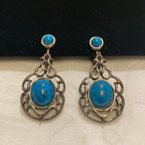 Vintage Silver And Faux Turquoise Dangling Earrings - Picture 5 of 14